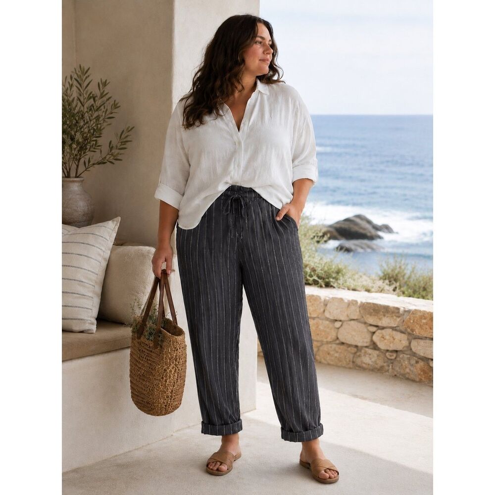 Allen Allen Coastal Scandi Ankle Linen Pants Womens L Gray Striped Minimalist